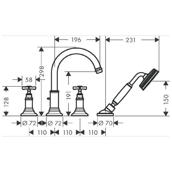 Hovedbilde Axor Montreux 4-hulls Badekarbatteri til karkant med kryssgrep
