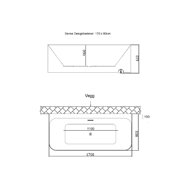 Sanipro Sense Back-To-Wall Badekar 170x80 cm