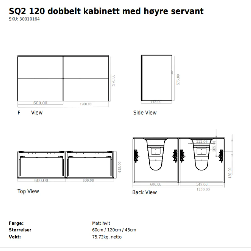 Copenhagen Bath SQ2 120 cm servantskap - med høyre servant