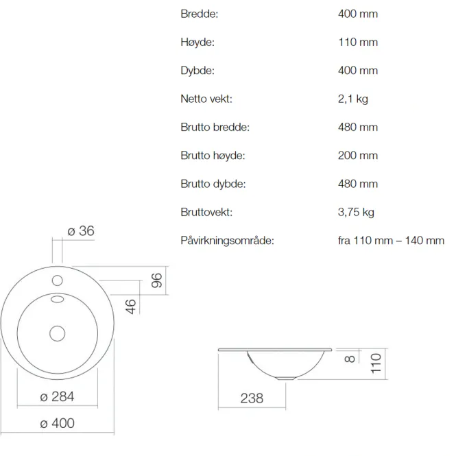 Hovedbilde Alape EB.K400H servant ø40 cm nedfelt m/ overløp