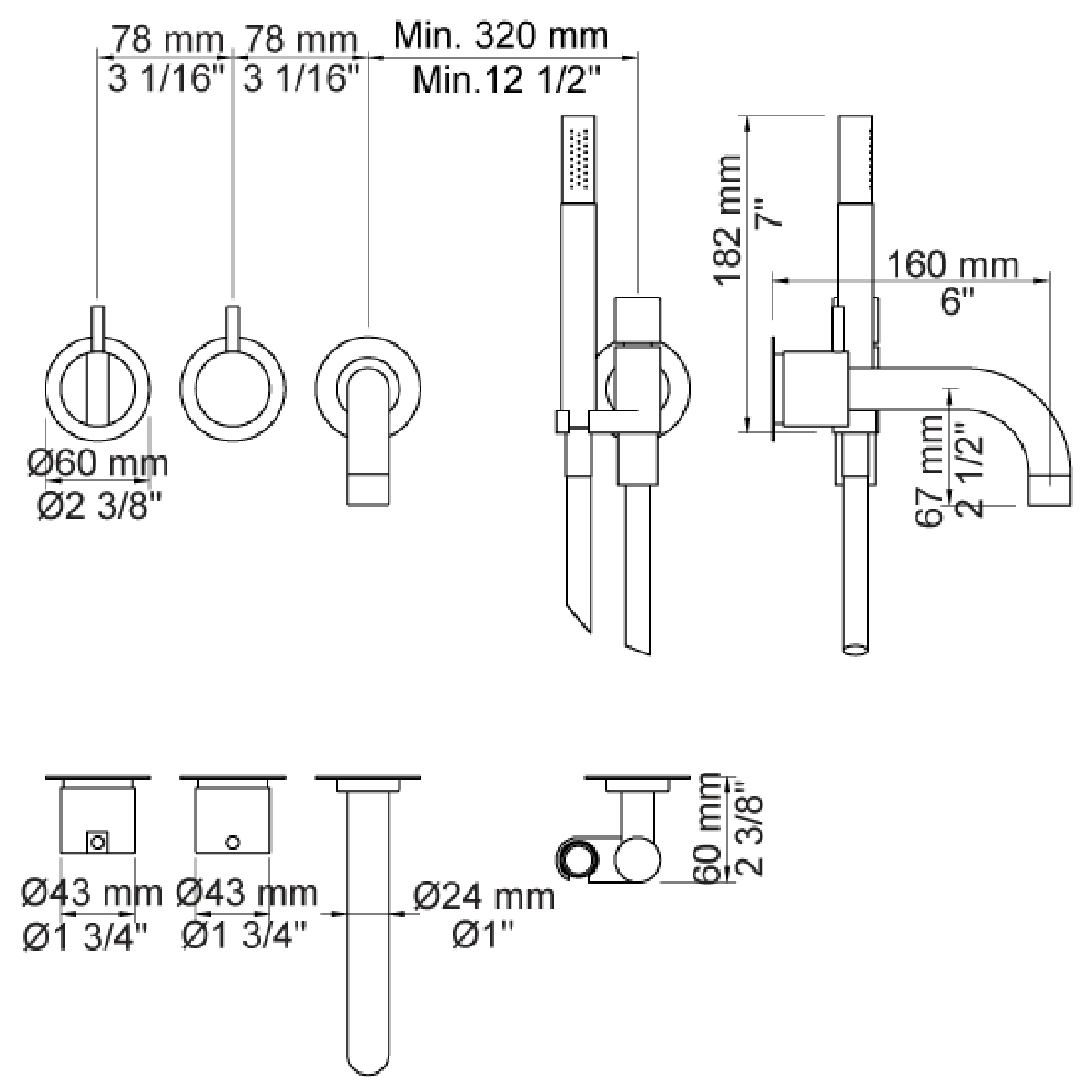 Vola 2411C-071 Innebygd Badekarbatteri