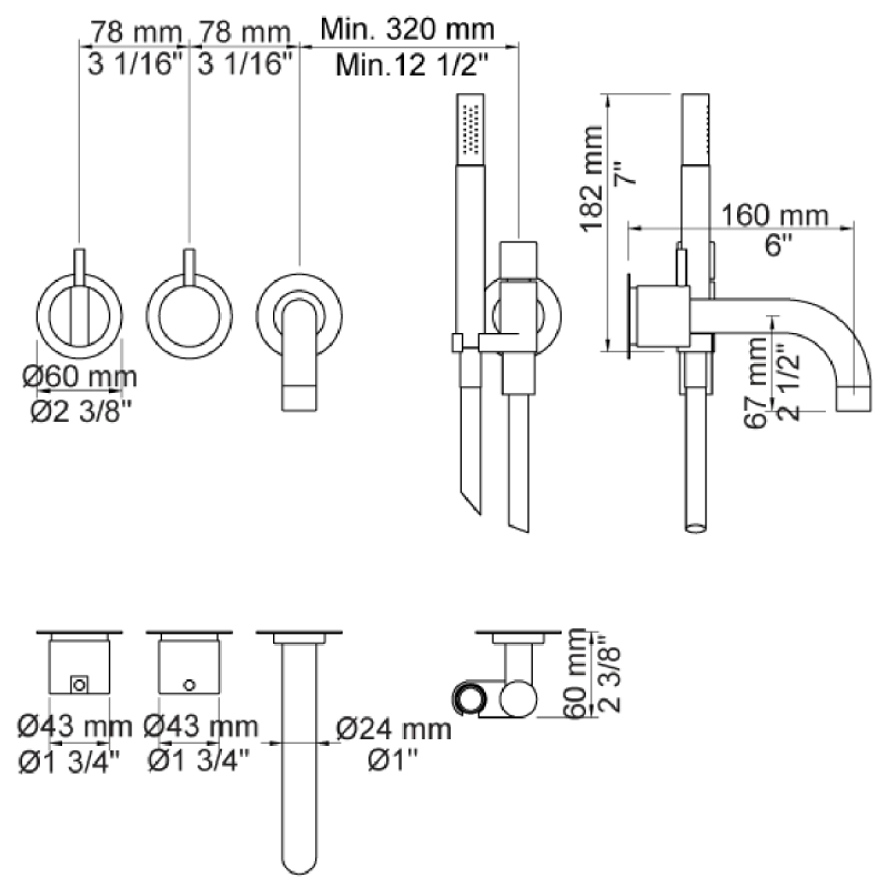 Vola 2411C-071 Innebygd Badekarbatteri