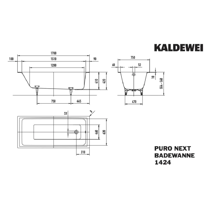 Kaldewei PURO NEXT Mod 1424 Innebygd Badekar 170x75 cm