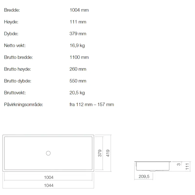 Alape UB.ME1000 servant 100.4x37.9 cm underlimt