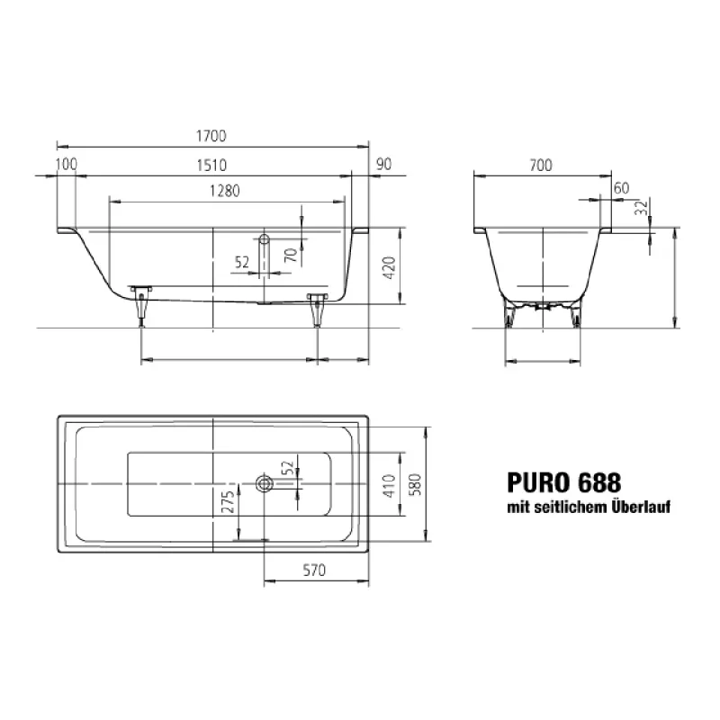 Kaldewei PURO Side Overflow Mod 688 Innebygd Badekar 170x70 cm