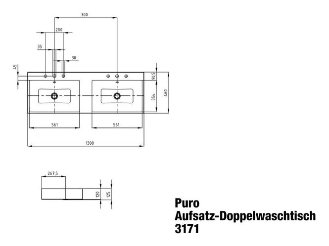 Hovedbilde Kaldewei PURO Mod 3171 Dobbel Toppmontert Servant, 130x46 cm, Alpine ...