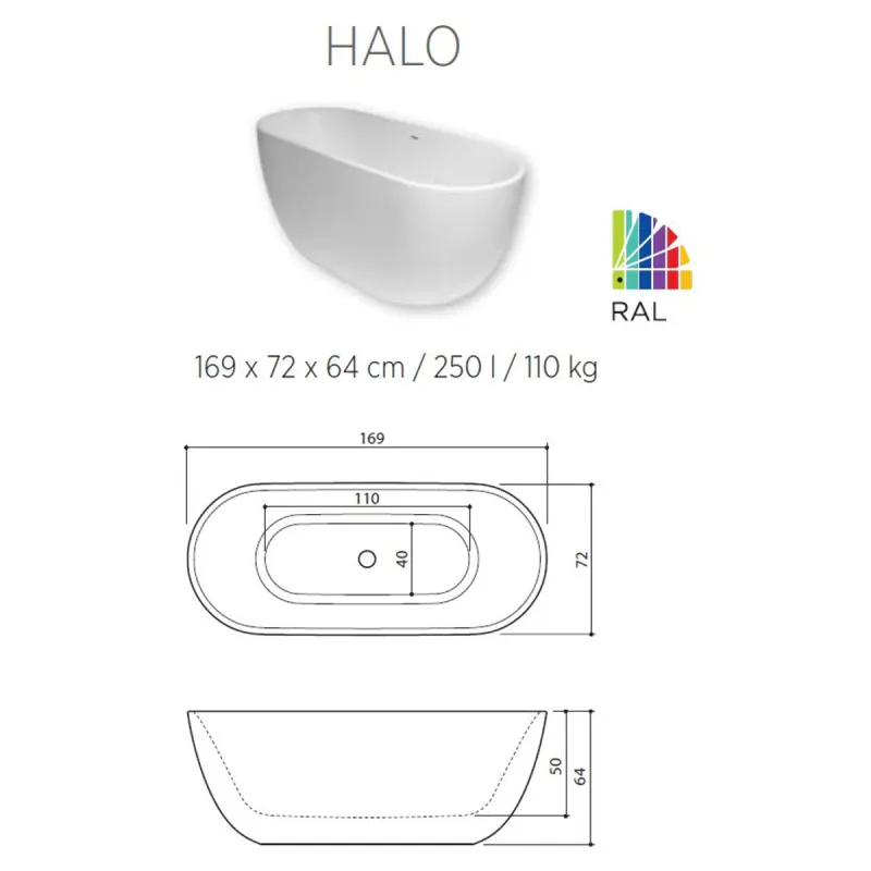 Balteco Halo Frittstående Badekar 169x72 cm