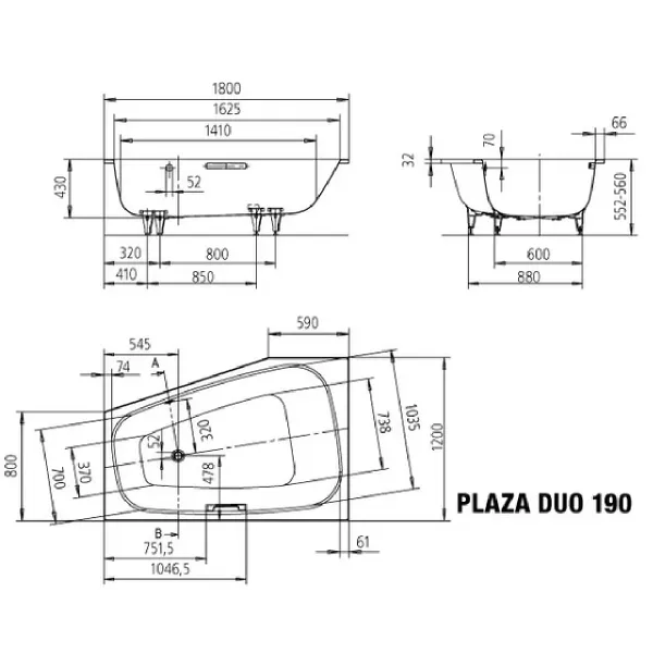 Hovedbilde Kaldewei PLAZA DUO HØYRE Mod 190 Innebygd Badekar 180x120 cm