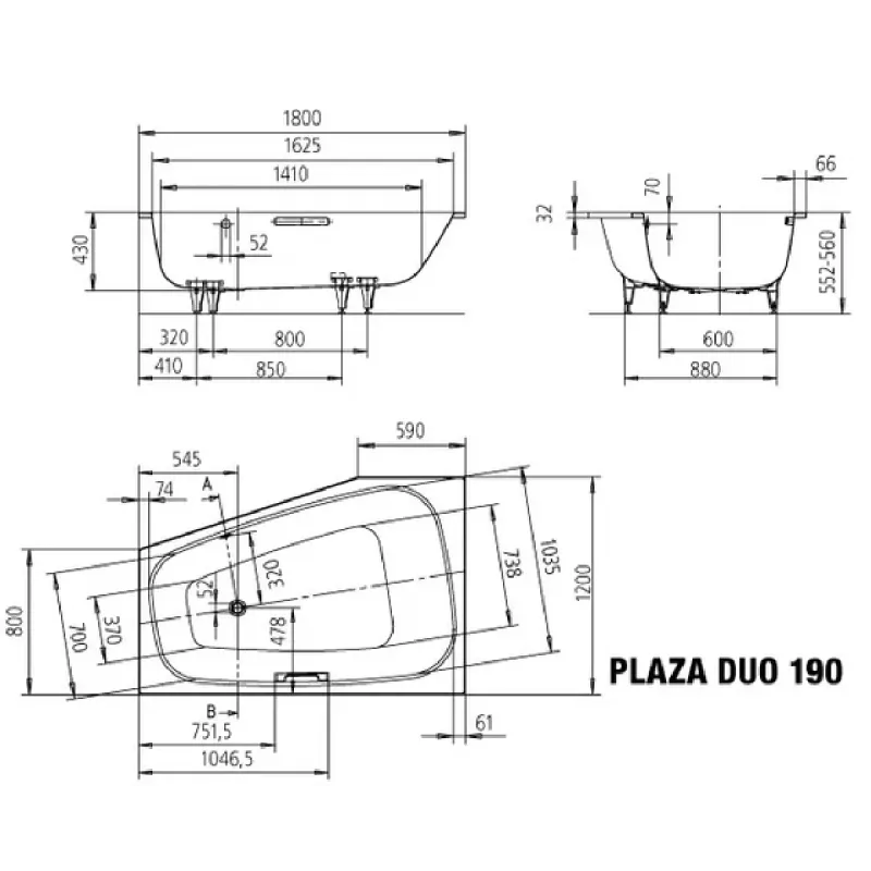 Kaldewei PLAZA DUO HØYRE Mod 190 Innebygd Badekar 180x120 cm
