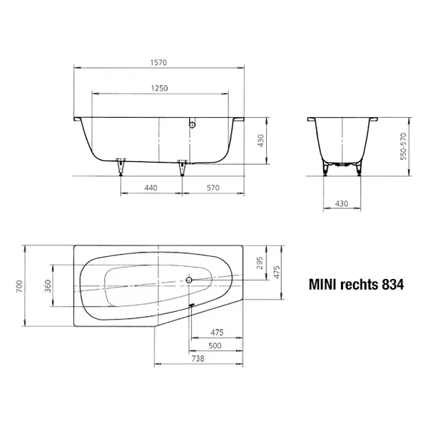 Hovedbilde Kaldewei MINI HØYRE Mod 834 Innebygd Badekar 157x70 cm