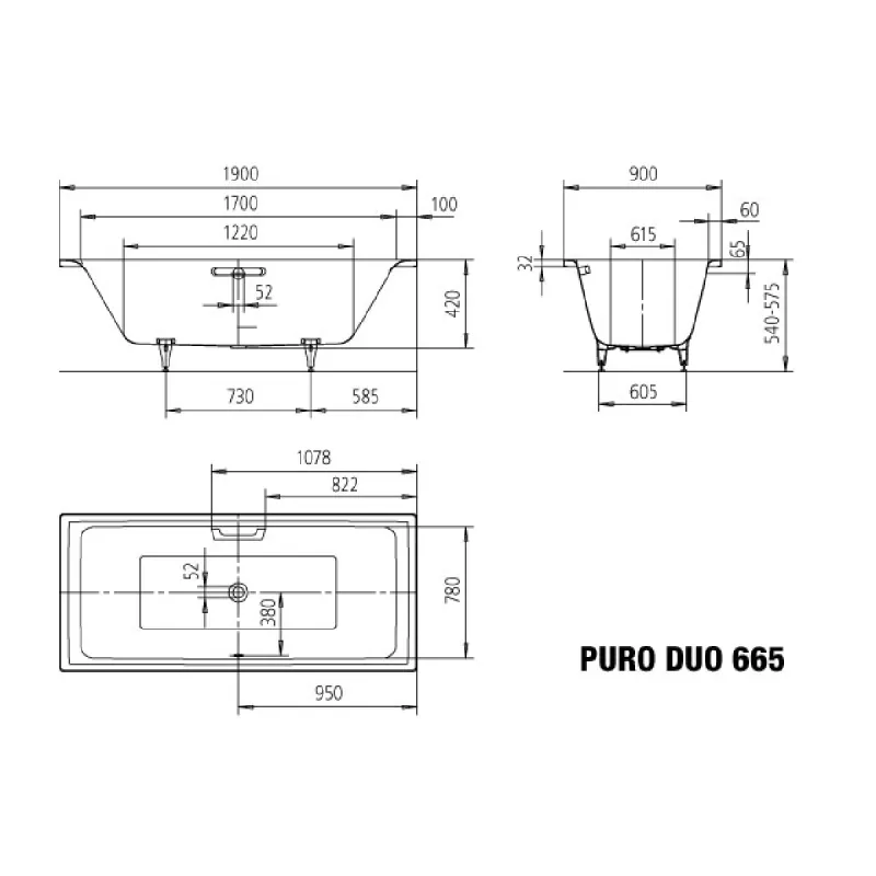 Kaldewei PURO DUO Mod 665 Innebygd Badekar 190x90 cm