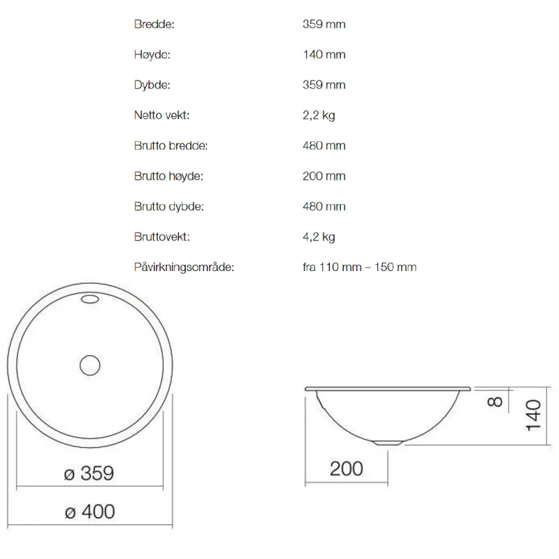 Alape UB.K400 servant ø35.9 cm underlimt