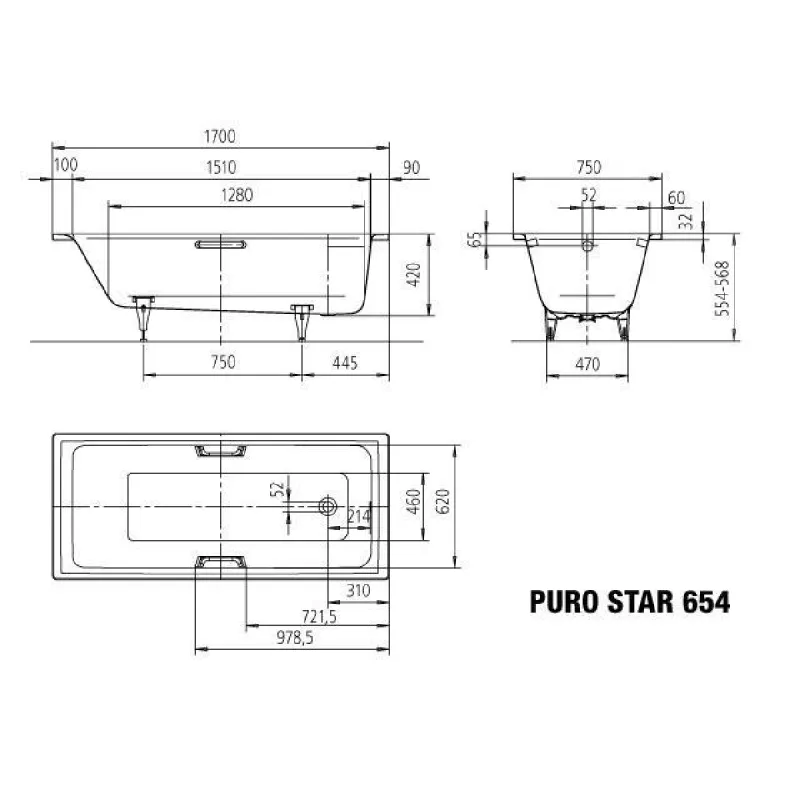 Kaldewei PURO STAR Mod 654 Innebygd Badekar 170x75 cm